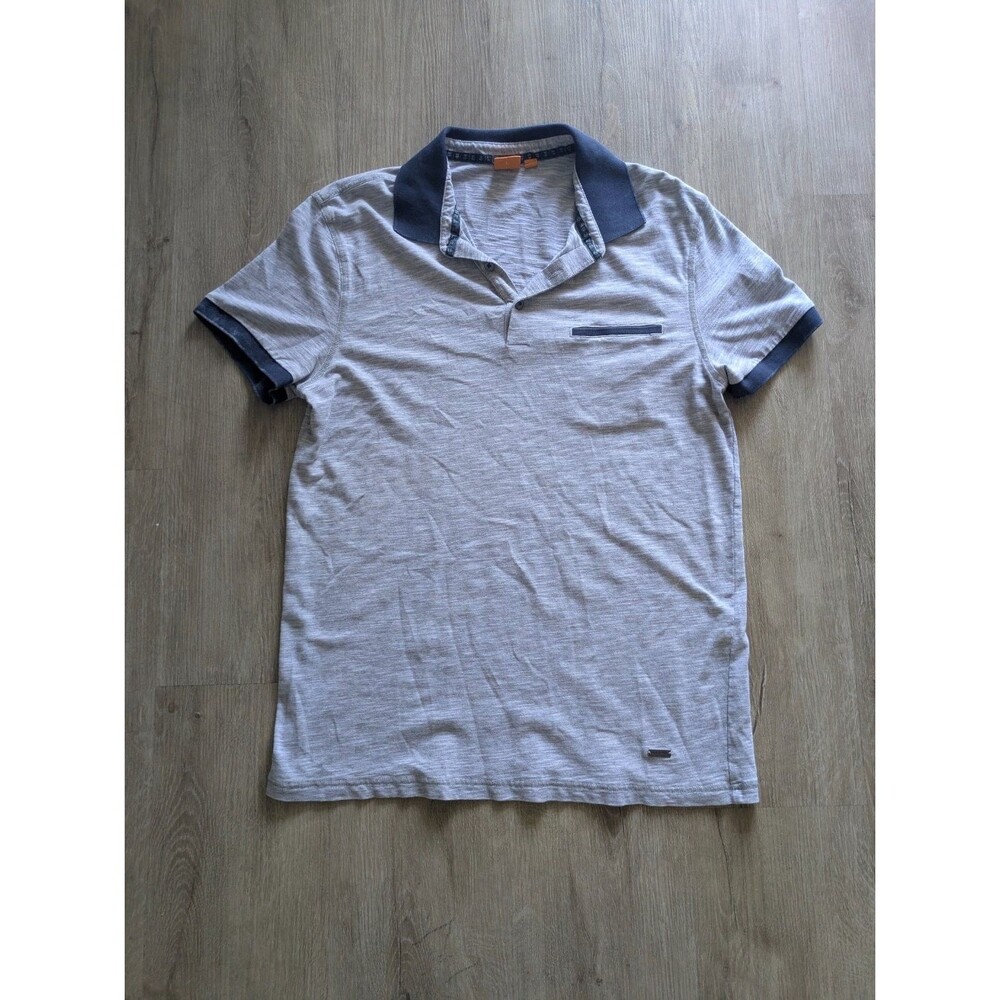 Boss Hugo Mens L Gray Navy Trim Polo Shirt Short Sleeve sleeves